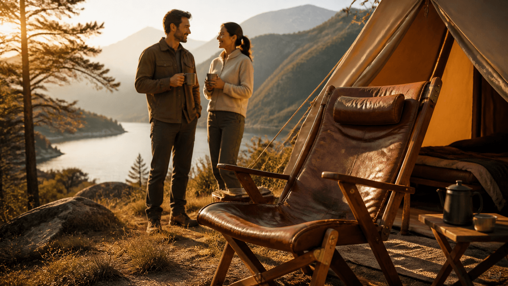 Luxury camping chair beside a glowing fire at dusk, framed by soft forest shadows and warm amber light.