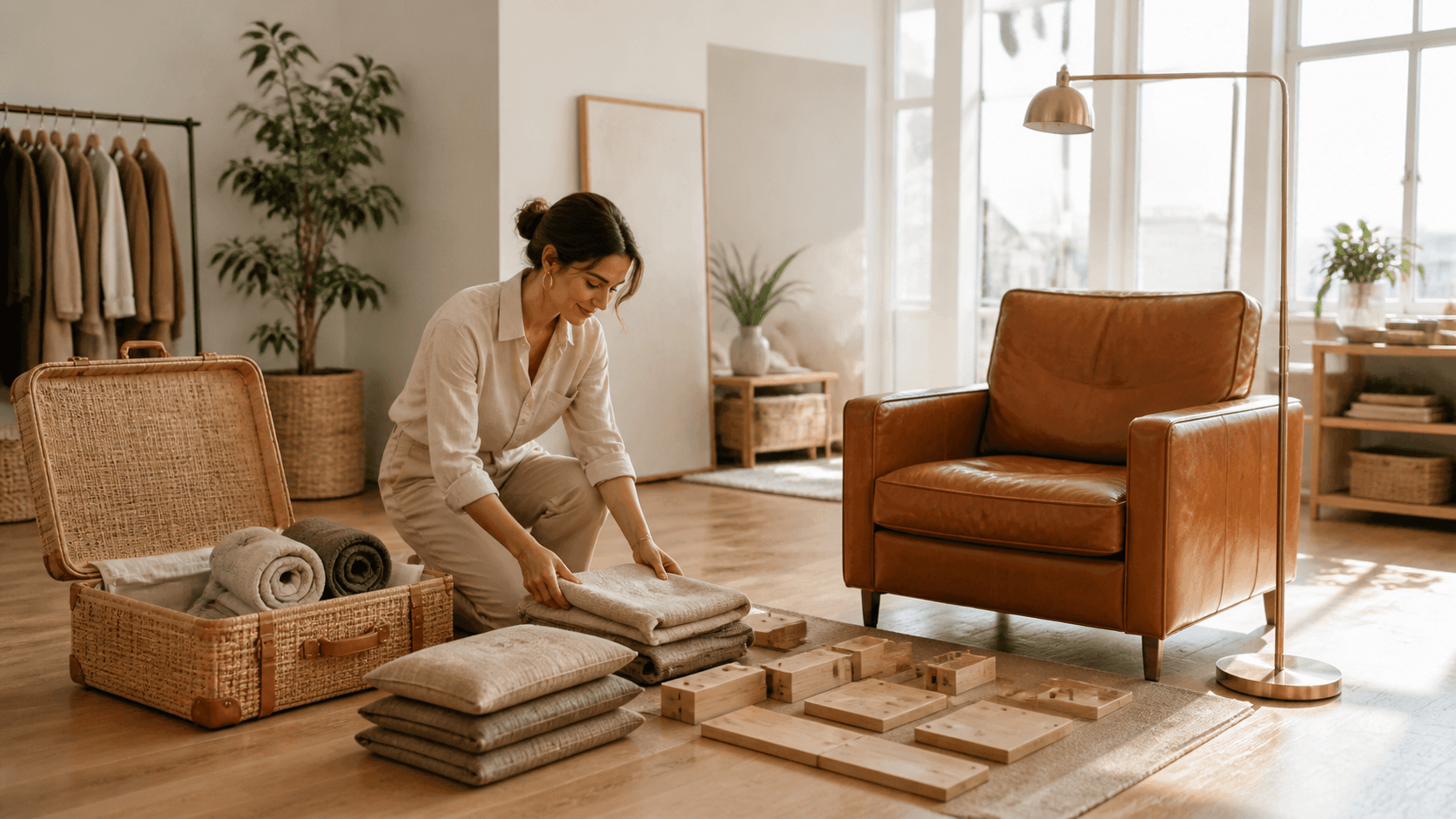 Cozy living room kit with folded textiles, a brass lamp, and layout cards on a warm neutral backdrop.