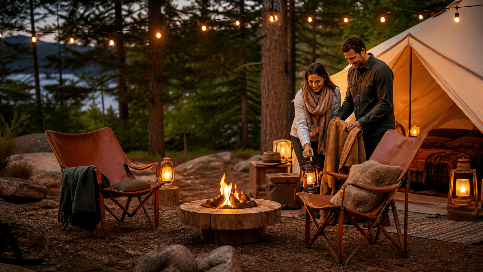 Warm lanterns illuminate plush camping chairs around a fire pit beneath a dark, starry sky.