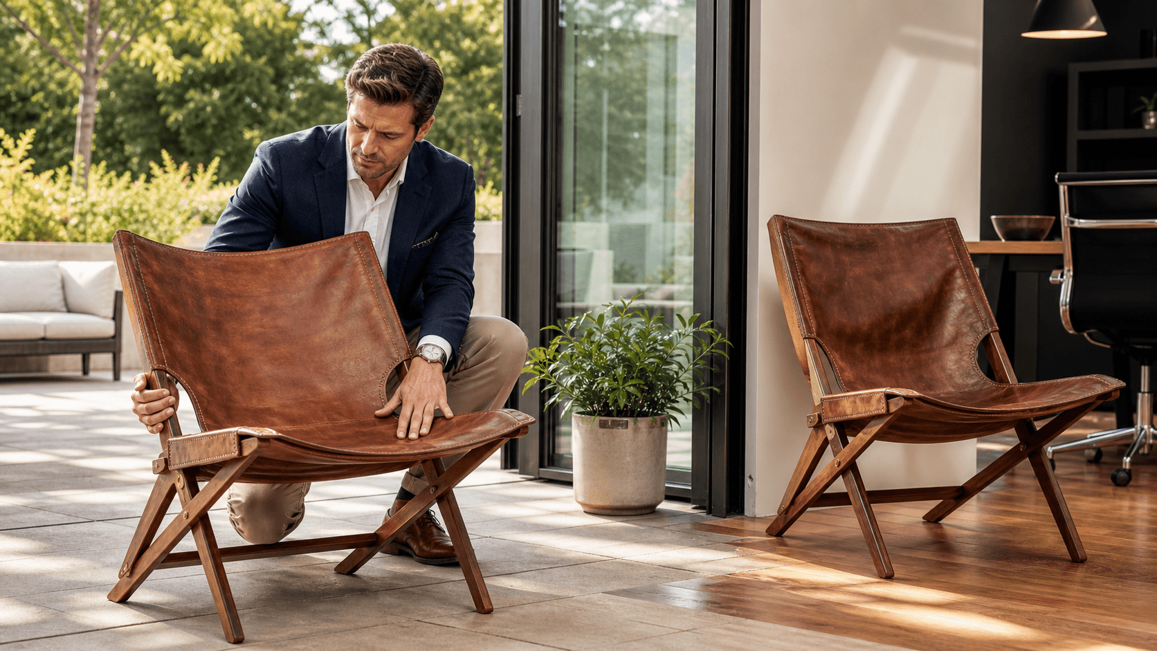 Brown leather folding chair on a wooden deck, sunlit with soft shadows, greenery blurred in the background