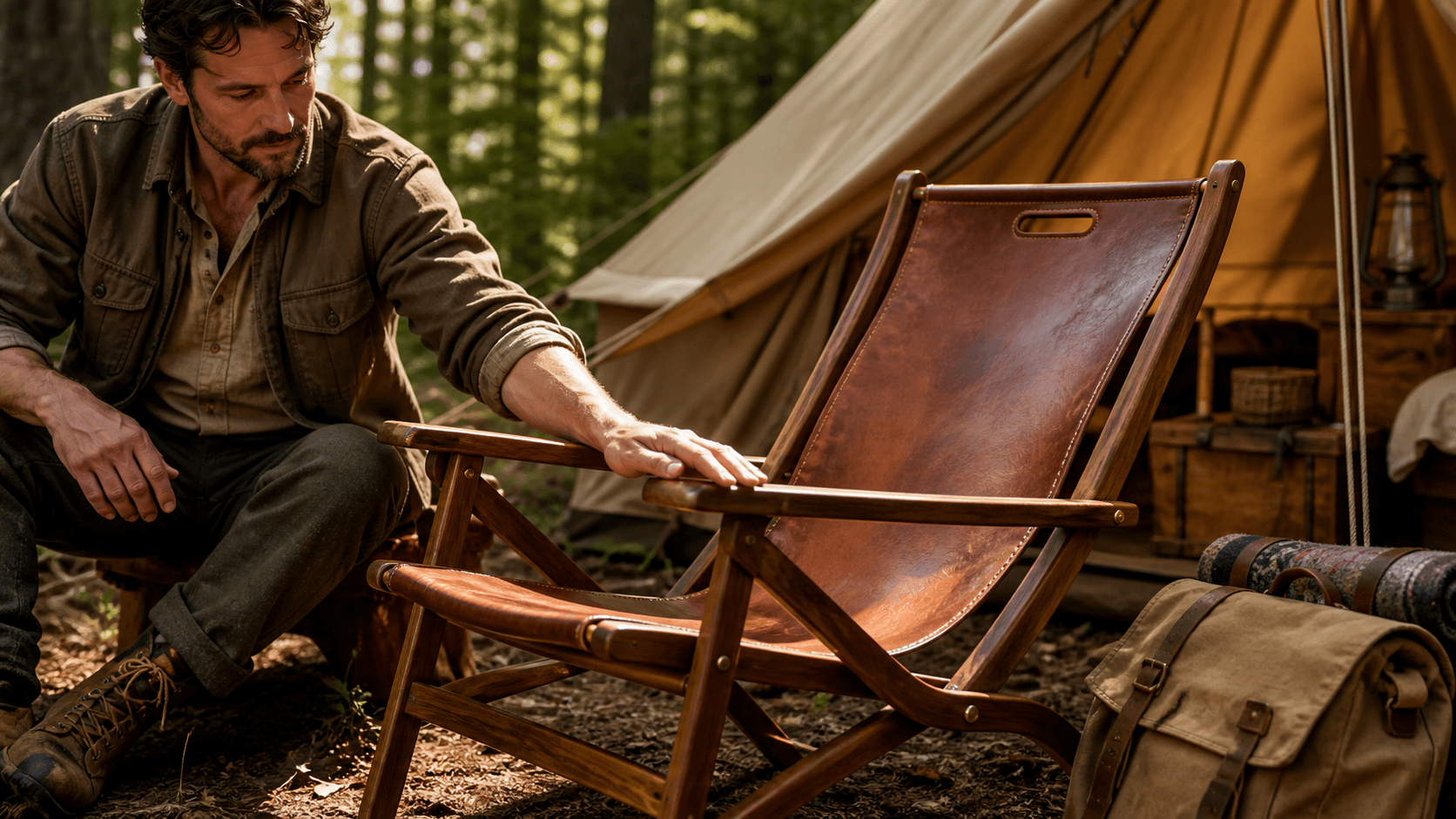 Handmade wooden camping chair beside a tent in a sunlit forest clearing
