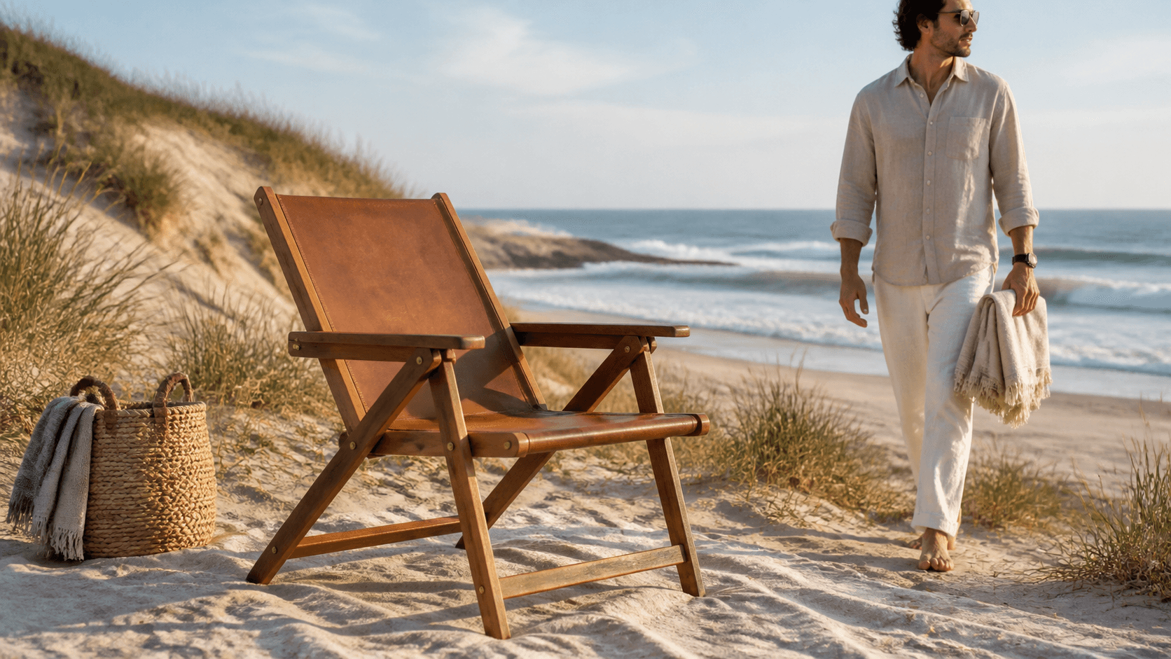 Handmade wooden folding chair with cream canvas seat on a sunlit sandy beach beside calm blue water