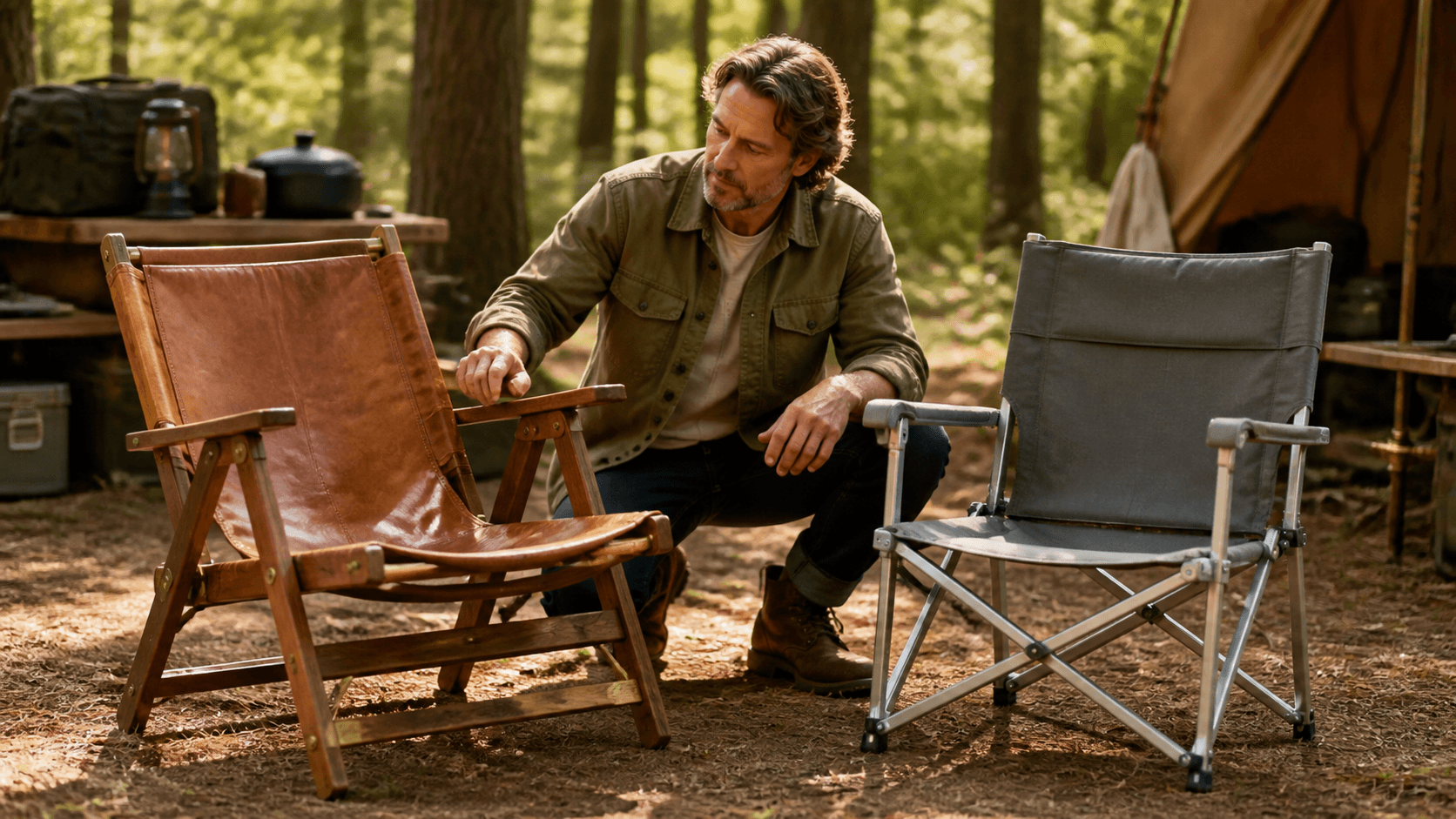 Artisan wooden camping chair beside a standard folding camp seat on sunlit grass under a clear sky