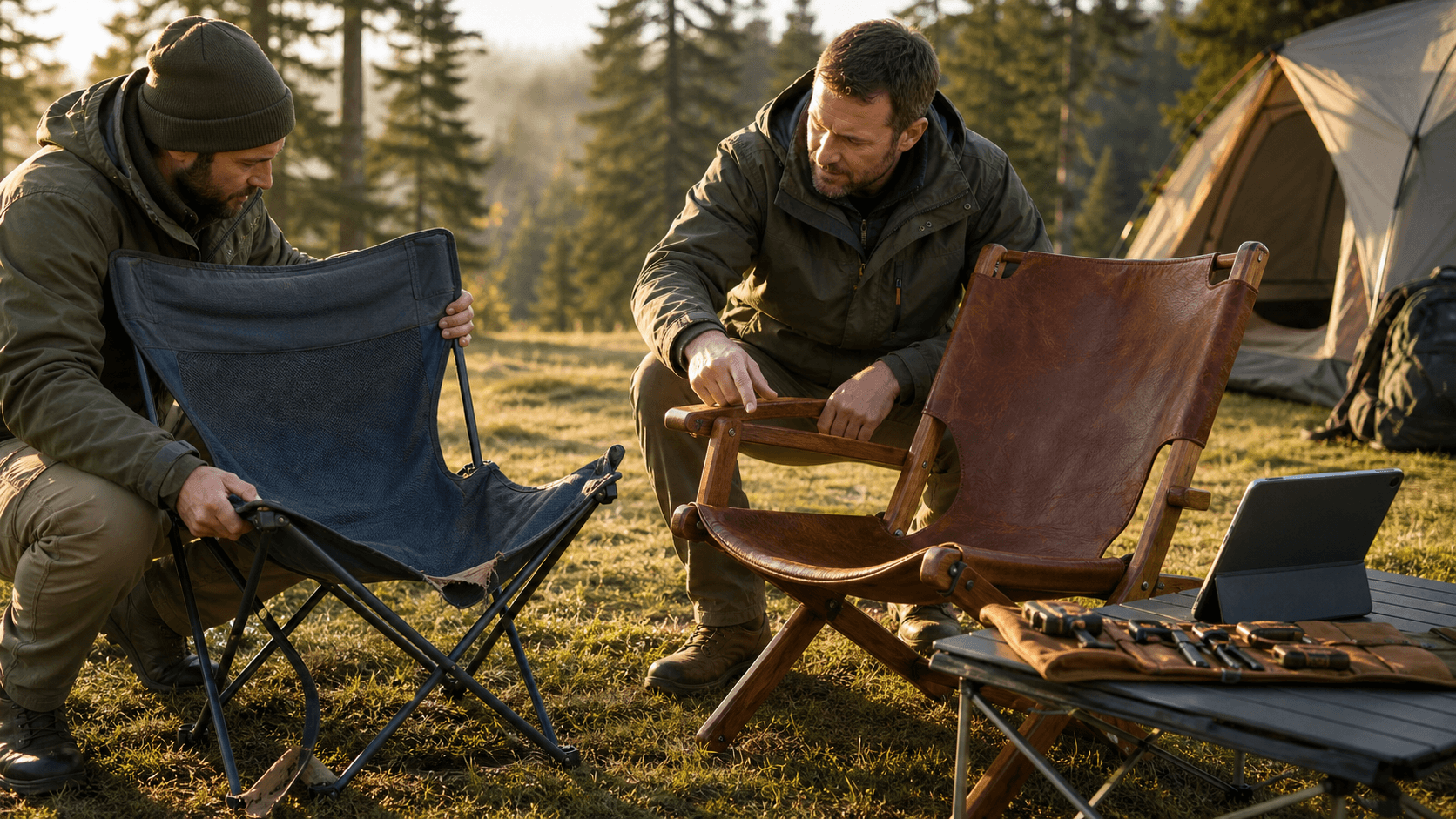 Split scene of a flimsy blue camp chair and a polished wooden folding chair under warm outdoor light.