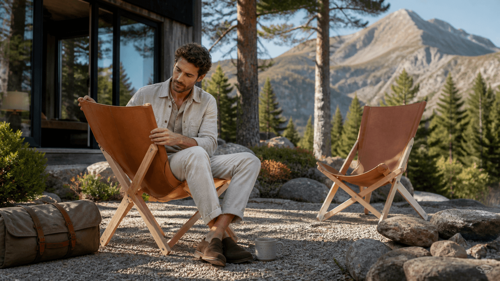 A sleek modern camping chair sits on sandy ground beside a tent, lit by warm golden sunset light.