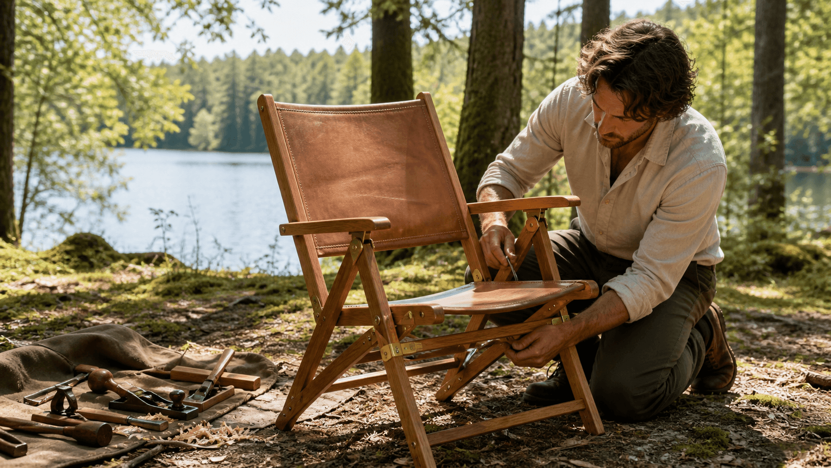 Oak folding chair on a sunlit forest clearing, surrounded by soft green foliage and warm natural tones.
