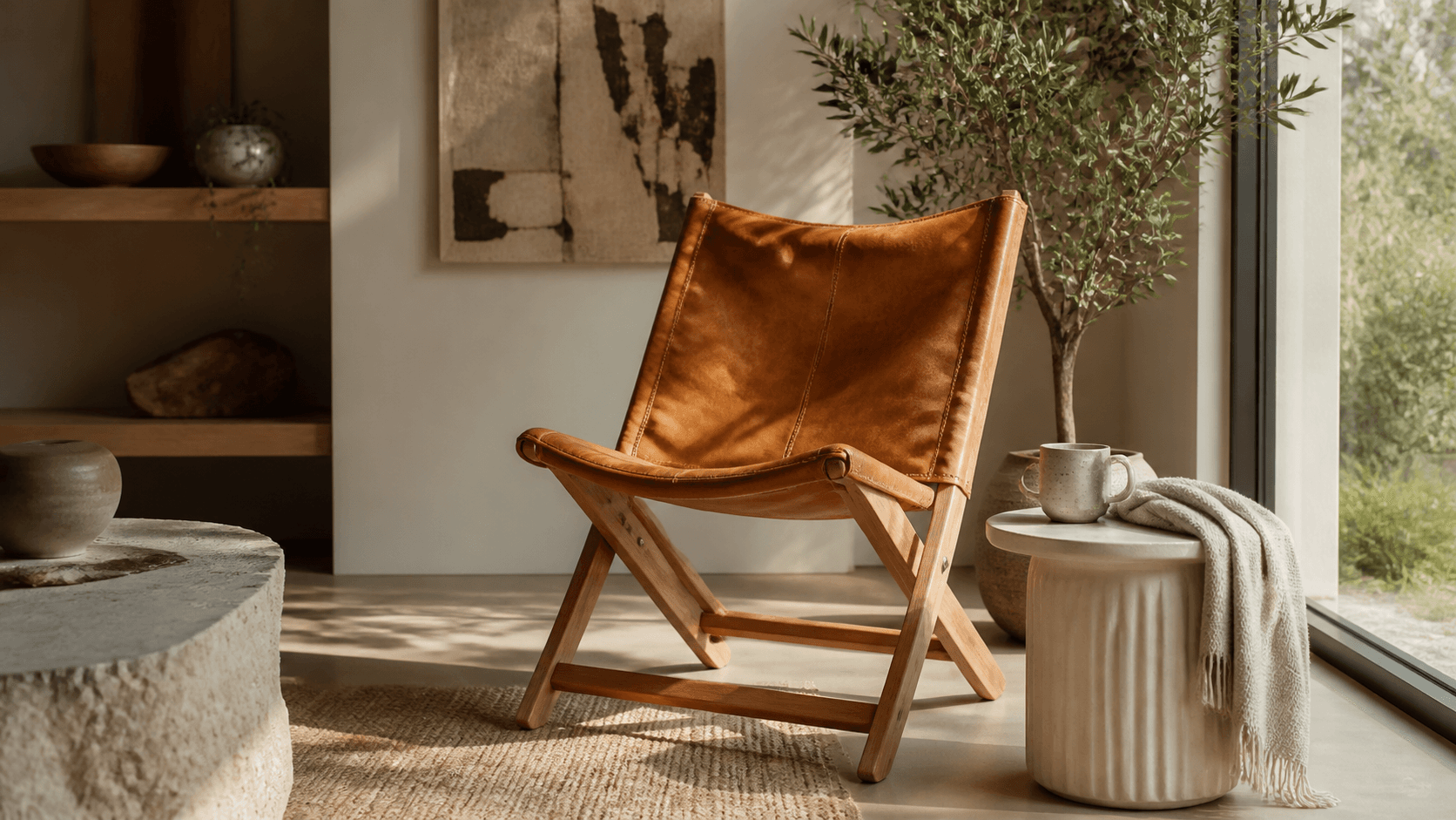 Artisan wooden folding chair beside a cream throw and potted plant in a softly lit neutral-toned corner.