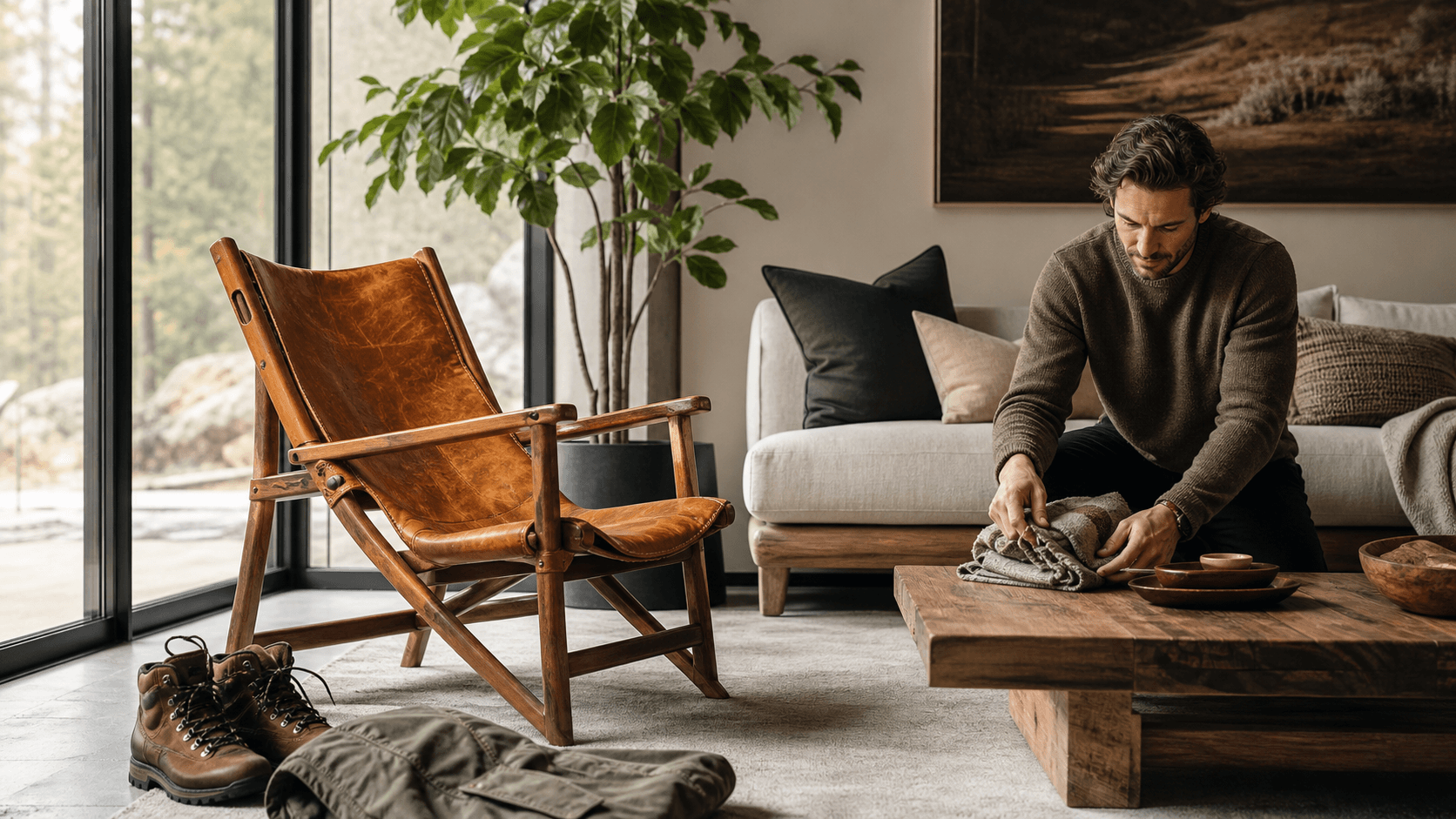 Handcrafted wooden camping chair with canvas seat in a cozy living room, warm sunlight, plants and rug nearby.