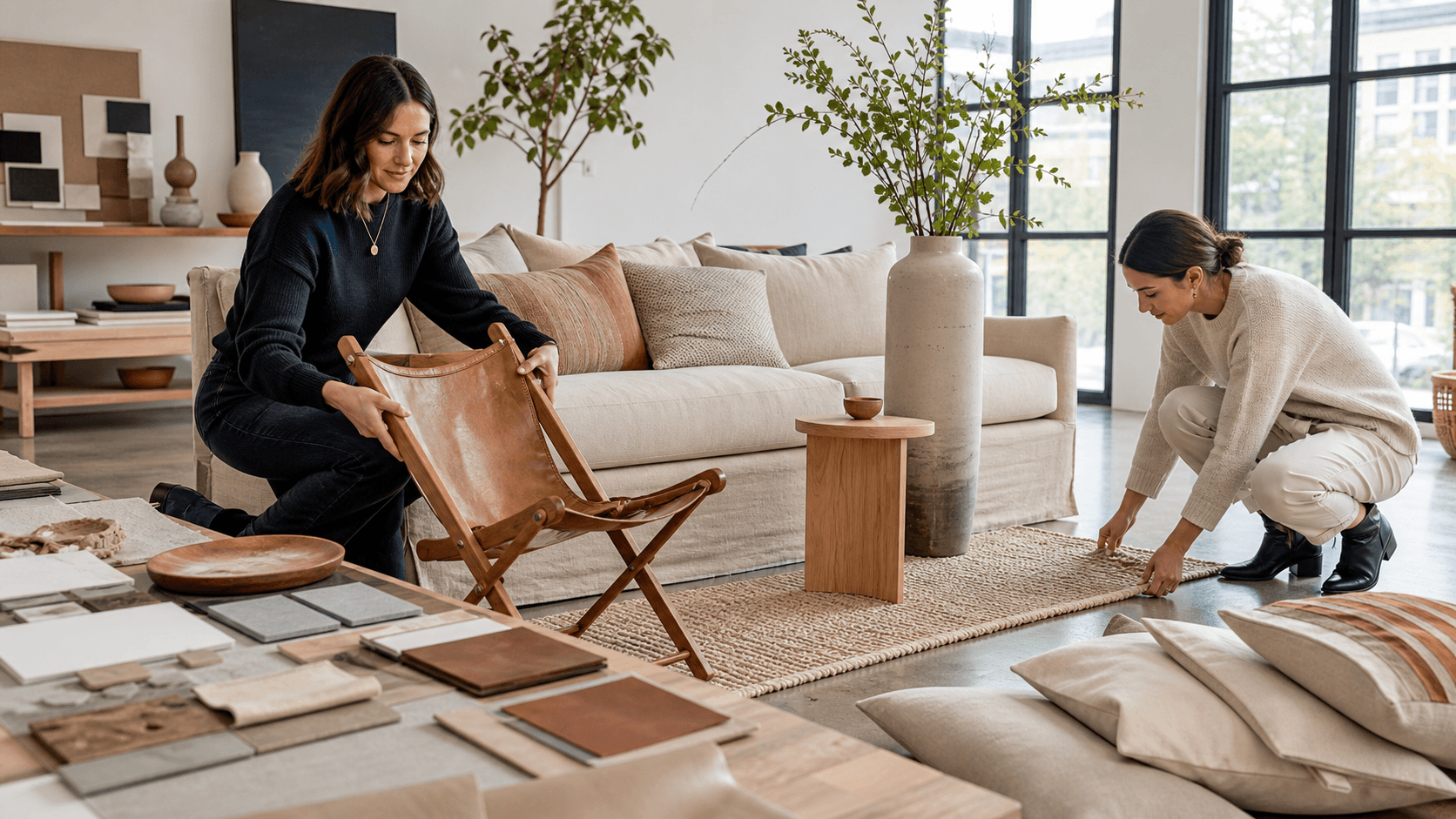 Sunlit modern room with a wooden artisan folding chair beside a side table, neutral decor, and soft shadows.