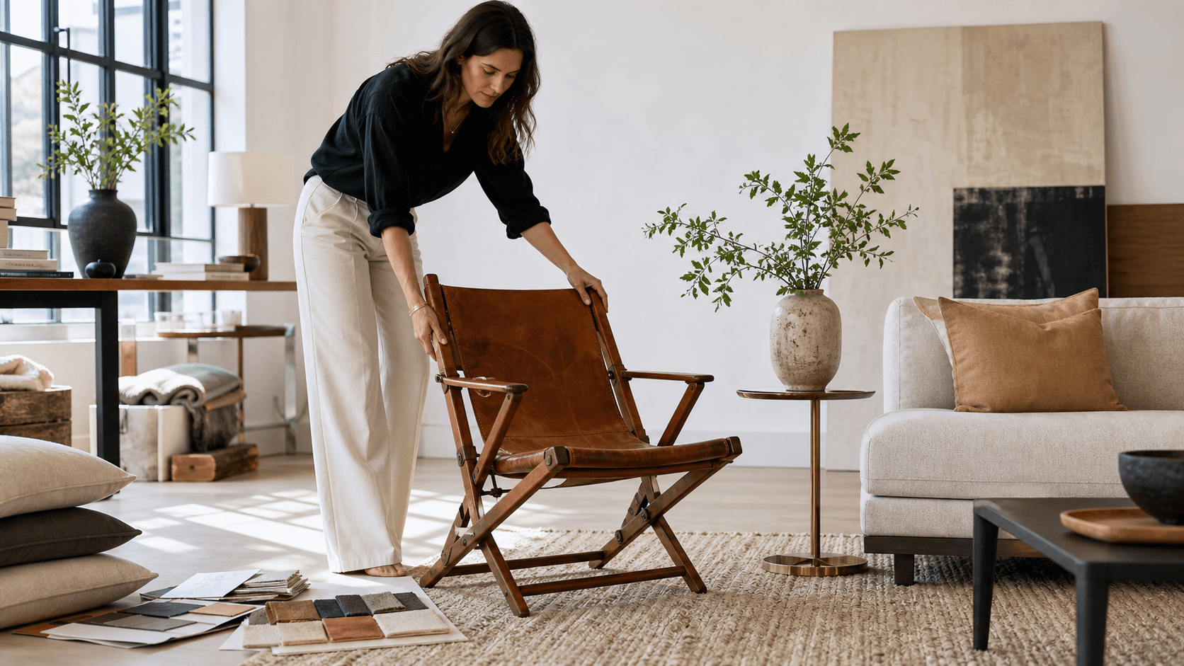 Sunlit living room with an artisan wooden folding chair beside a side table, neutral rug, and potted plant.