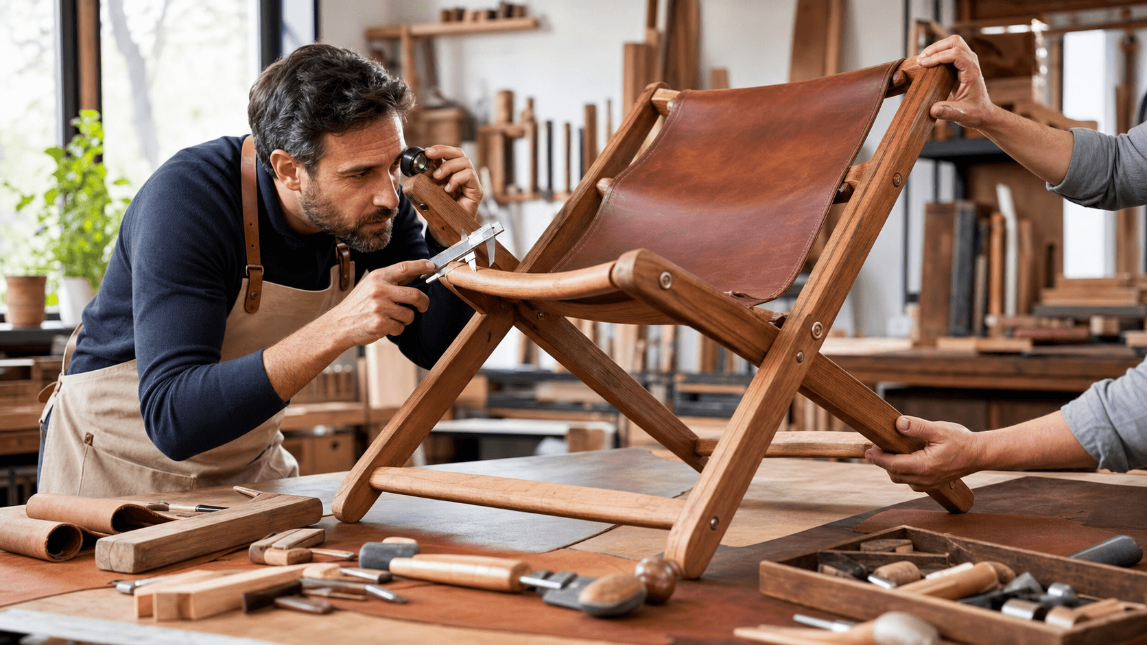 Wooden folding chair on a workbench, close-up of joinery details with warm workshop lighting and tools in background