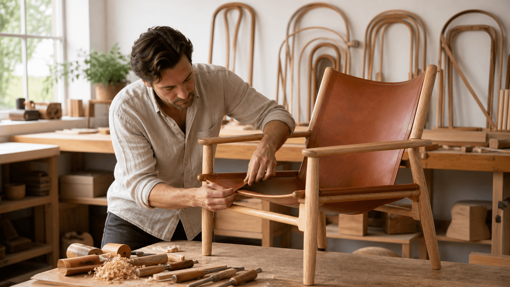Craftsman assembles a wooden camping chair in a sunlit workshop with tools and canvas fabric.