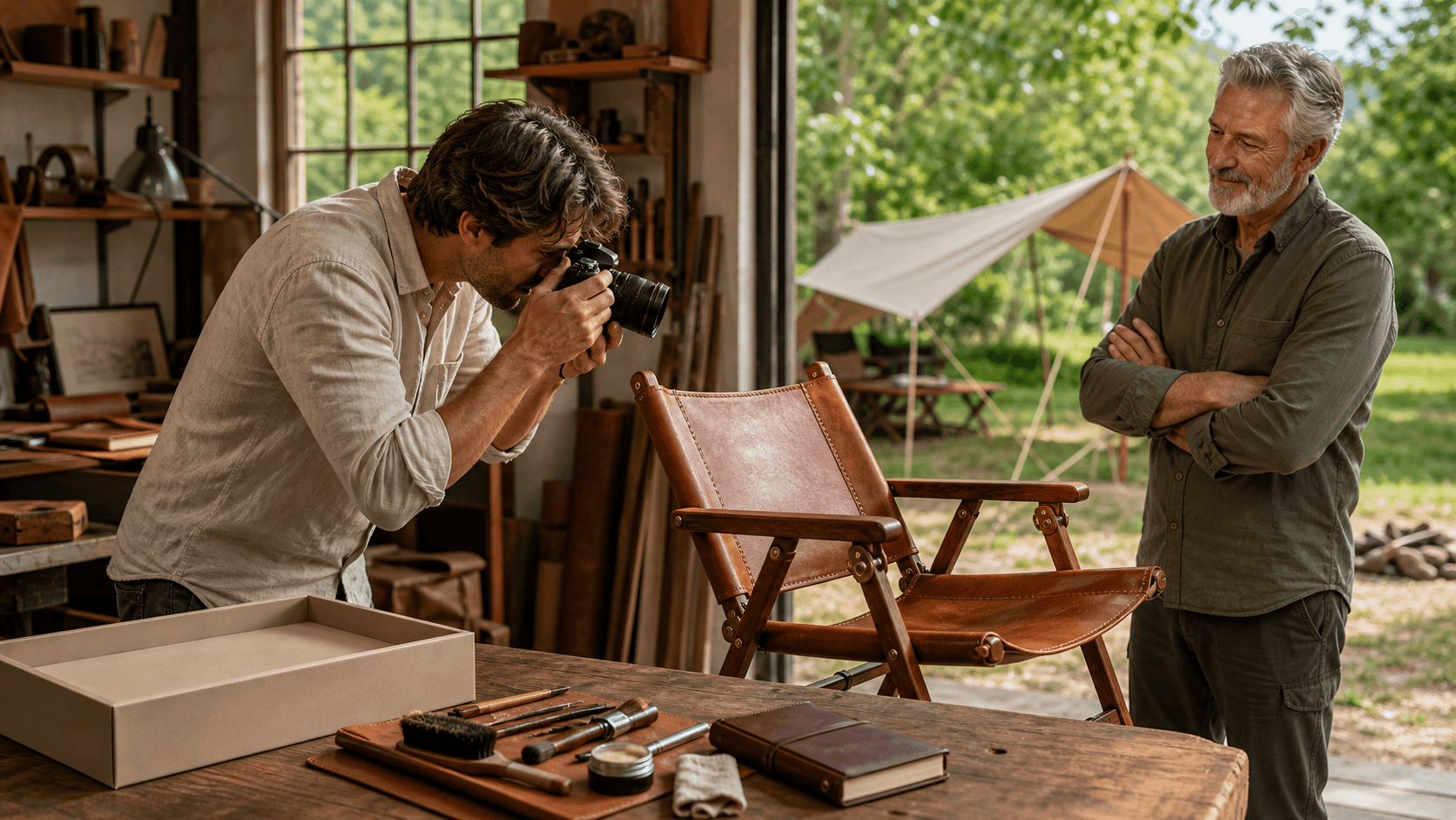 Handcrafted wooden camping chair beside a leather journal and brass compass in warm forest light