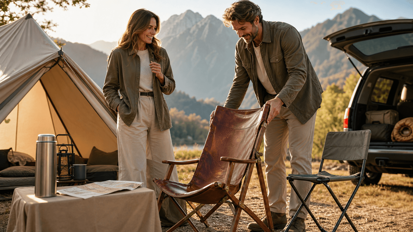 Plush padded camping chair beside a tent at sunset, warm golden light over forested mountains.
