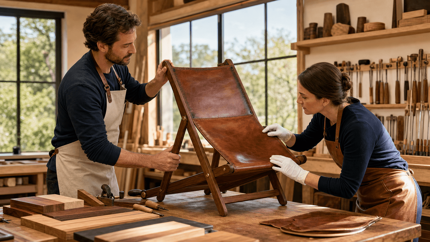 Handcrafted wooden folding chair in warm light, folded beside wood shavings on a rustic workshop bench