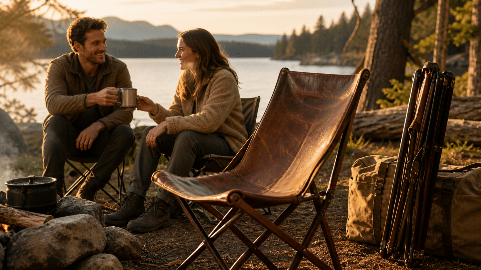 Premium folding camp chair beside a glowing campfire at dusk, with pine trees and mountains silhouetted in the back.